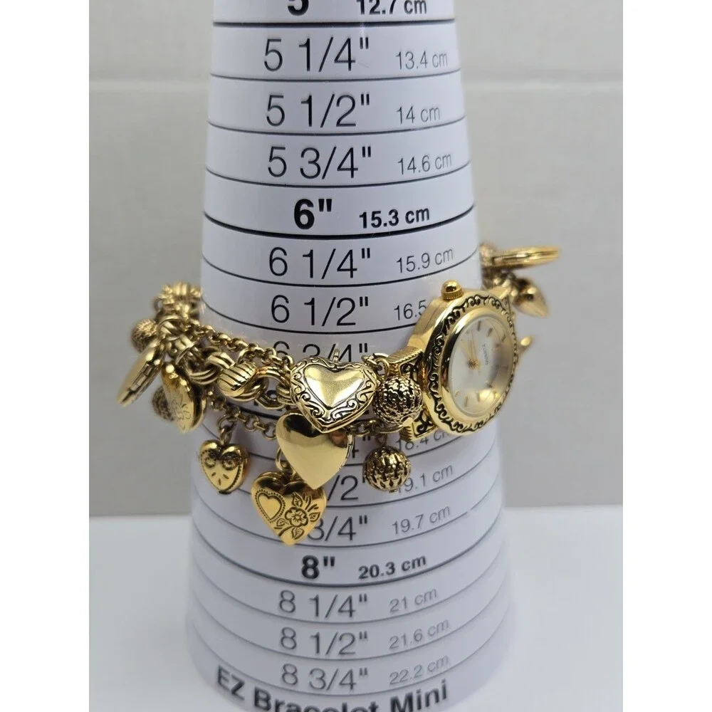 Womens Vintage Gold Tone Hearts Lockets Charms Bracelet Quartz Watch New Battery